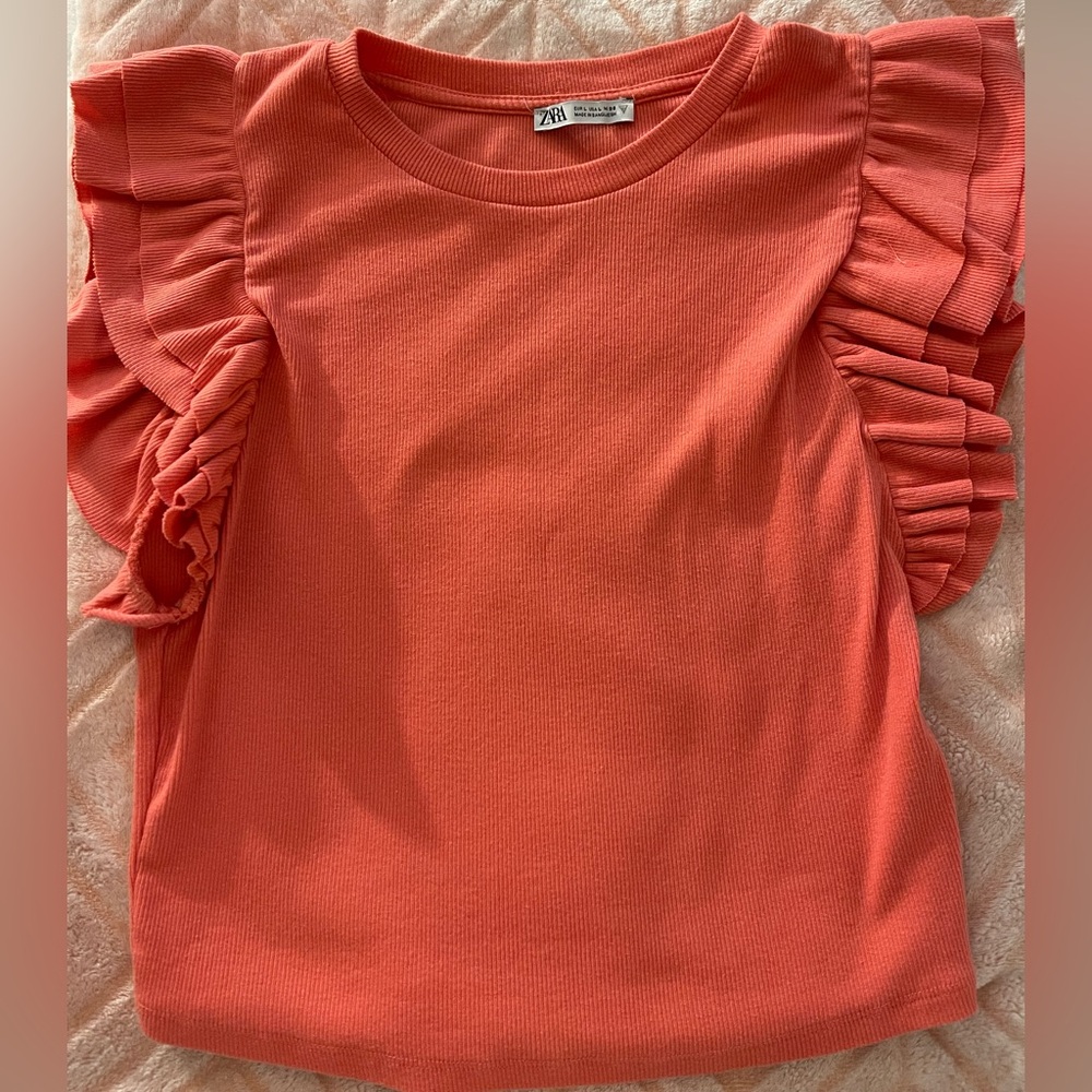 Coral colored Zara top with ruffle sleeves